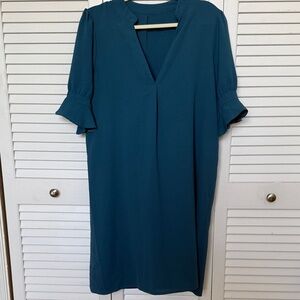 Teal V-Neck Dress with Ruffle Sleeves